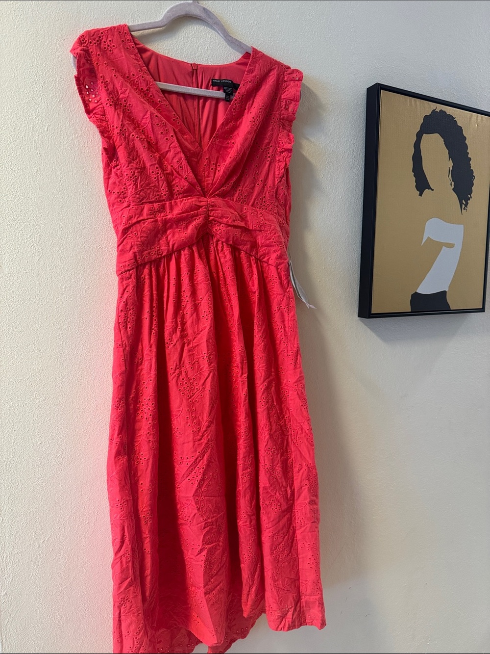 Maggy London Coral Pink Eyelet Twist-Waist Midi Dress